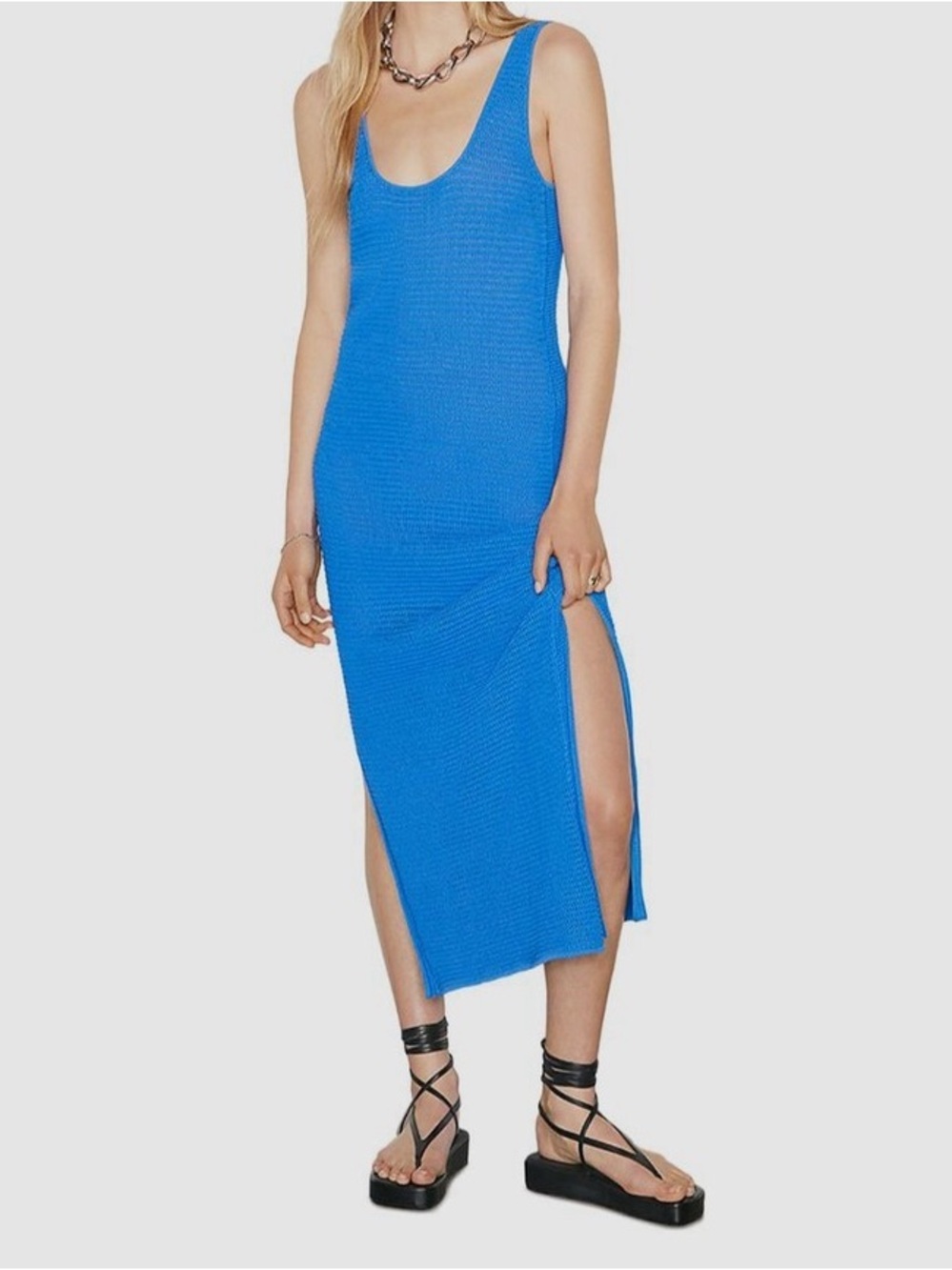 FRAME Denim Crochet Knit Midi Dress Provence Blue Large Resort Coastal